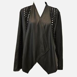 Clara Sun Woo Liquid Leather Black Open Front Jacket with Perforated Detail - S